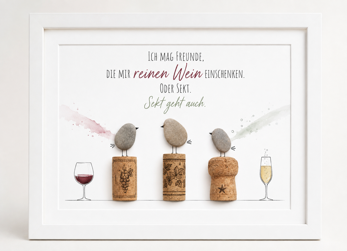Kieselsteinbild Ich mag Freunde die mir reinen Wein einschenken – Geschenk für Weinliebhaber, handgemachtes Steinbild