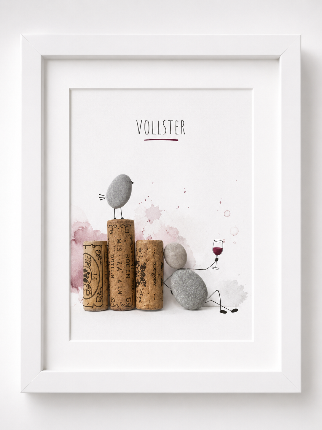 Kieselsteinbild Vollister – witziges Geschenk für Wein- und Bierliebhaber, handgemachtes Steinbild
