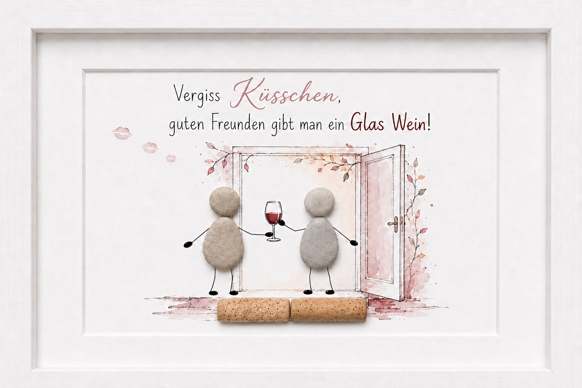 Kieselsteinbild Vergiss Küsschen, guten Freunden gibt man ein Glas Wein – Geschenk für Weinliebhaber, handgemachtes Steinbild