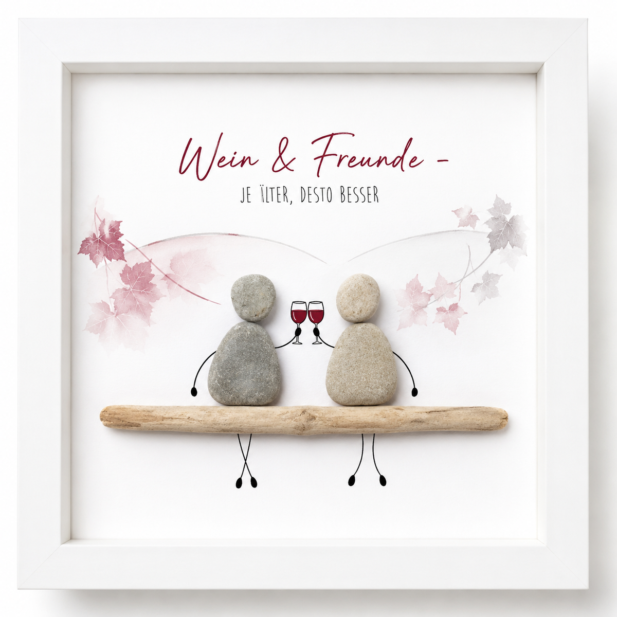 Kieselsteinbild Wein & Freunde – Geschenk für Weinliebhaber, handgemachtes Steinbild