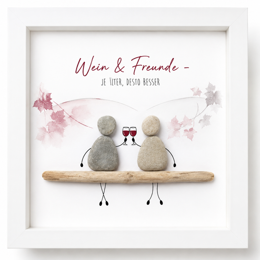 Kieselsteinbild Wein & Freunde – Geschenk für Weinliebhaber, handgemachtes Steinbild